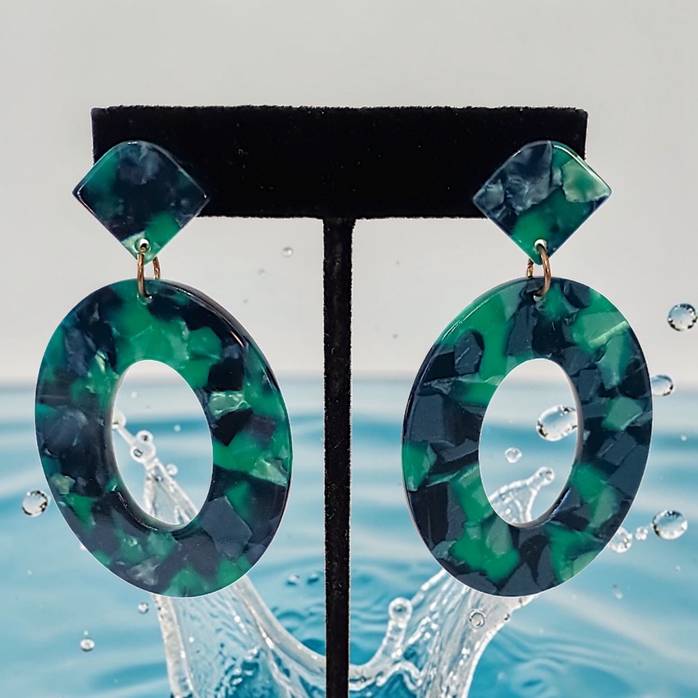 Aqua Blue Swirl Hoop Dangle Earrings Mod Retro Lightweight Large Acrylic Pierced